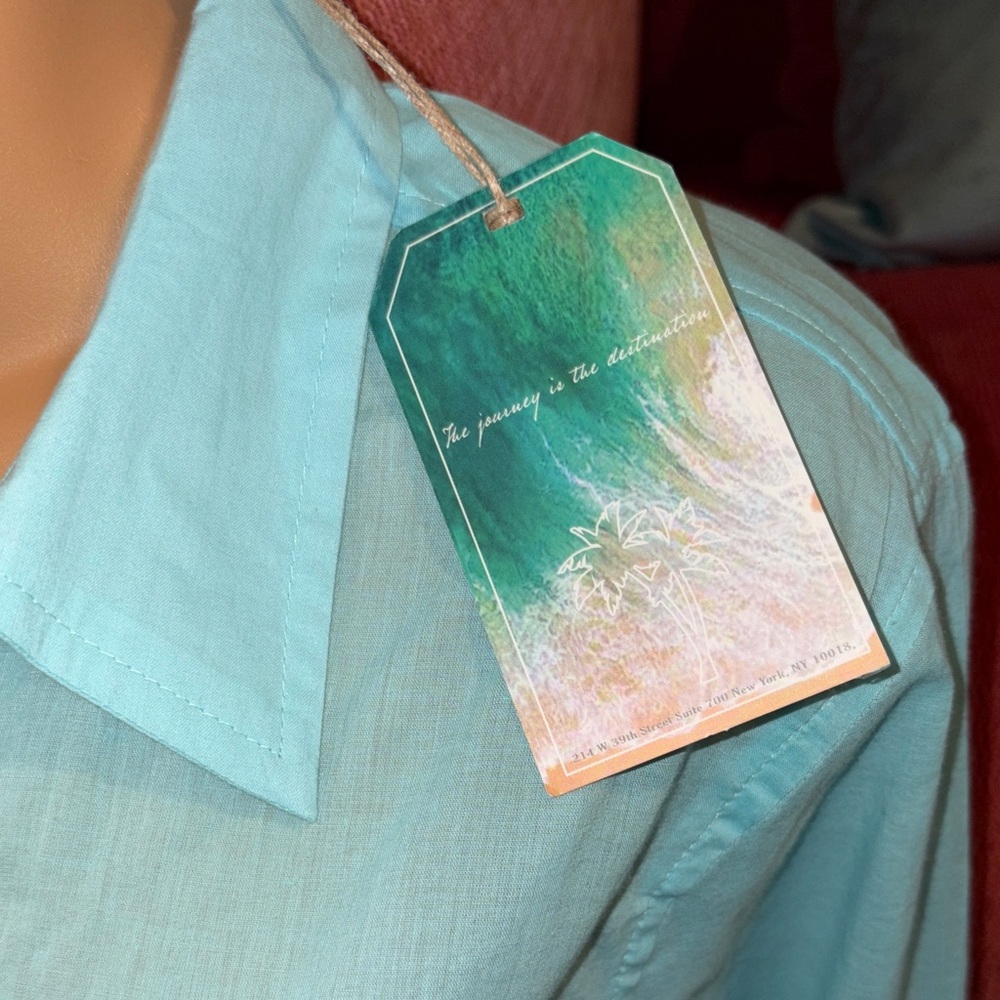 ☀️🏝️NWT True Destinations Resort Wear Caribbean Blue Aqua long Button-Up Shirt - Picture 6 of 8